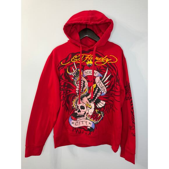 Ed Hardy New York Hoodie Mens Red Eagle Snake Skull Pullover Red Sz L - Picture 9 of 11